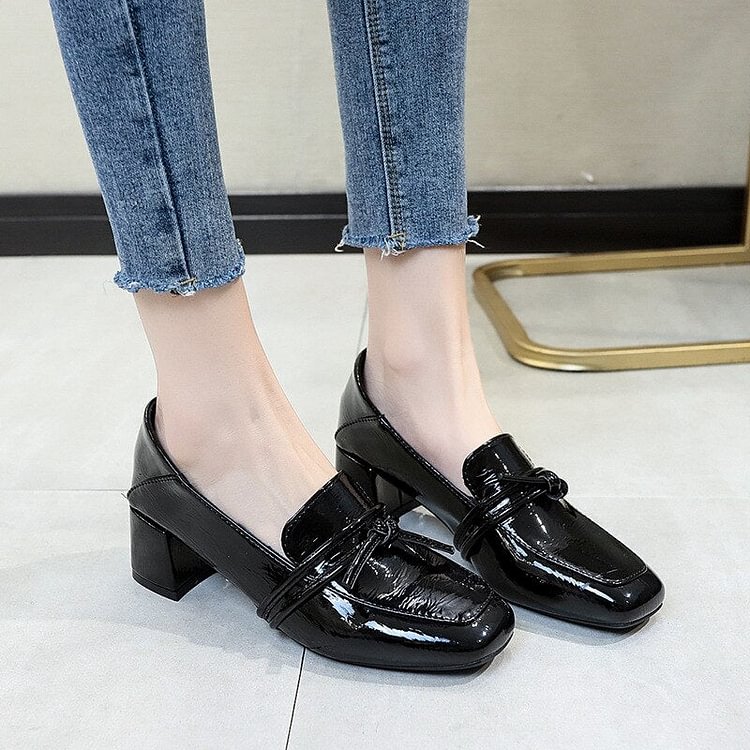 2021 japanned leather high heels bowtie band shoes woman solid color slip on pumps square toe retro mujer bombas tacones