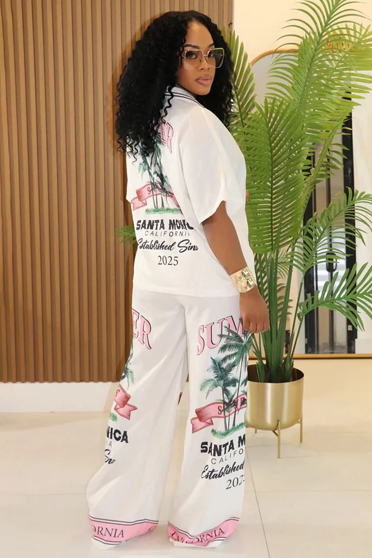 Santa Monica Print Blouse Wide Leg Pants Vacay 2pcs Set-White [Pre Order]