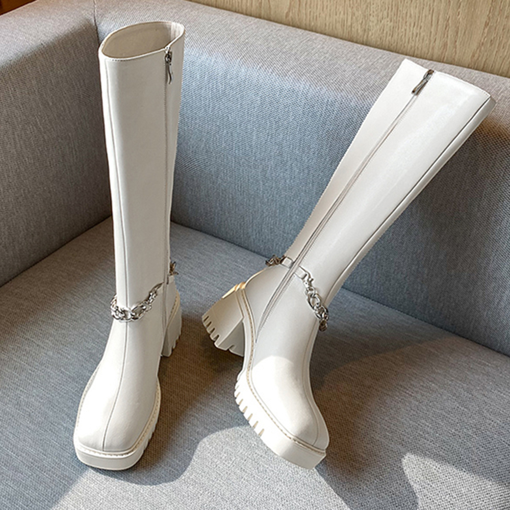 70mm Square Toe Block Heel Chain Rider Boots-vocosishoes