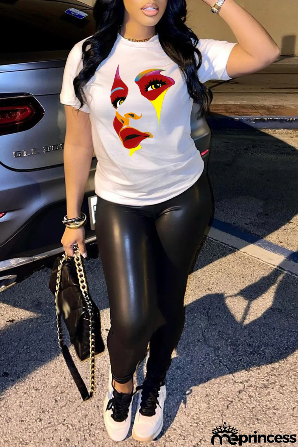 Black Street Print Patchwork O Neck T-Shirts