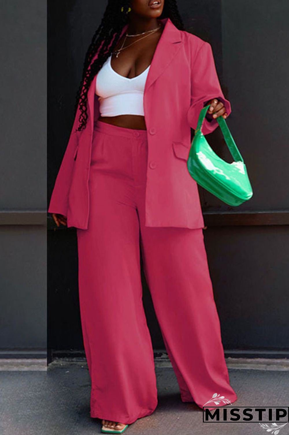 Rose Red Casual Solid Patchwork Buttons Turn-back Collar Long Sleeve Two Pieces