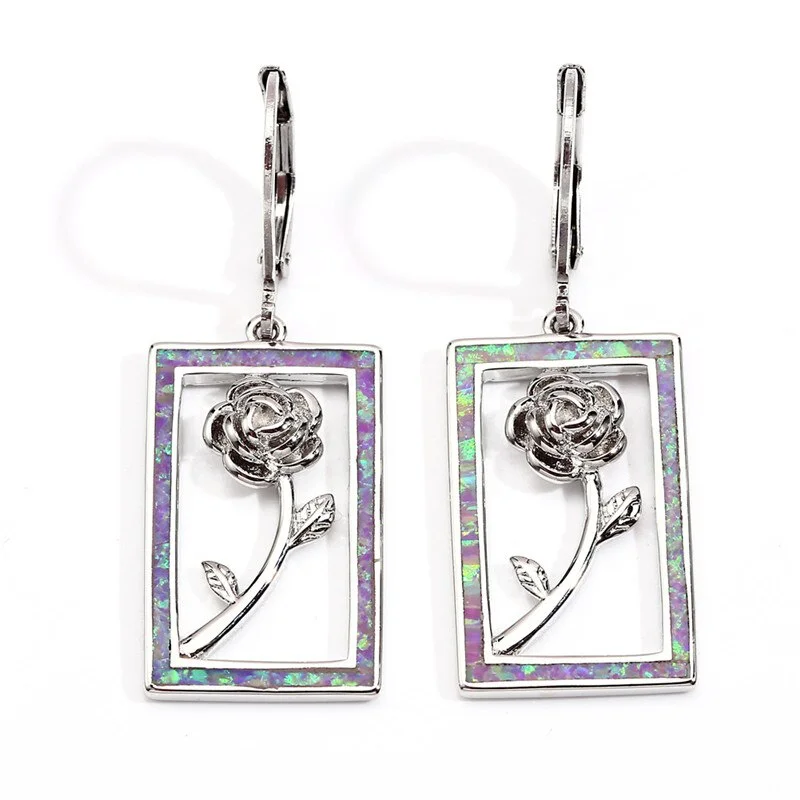 Cute Female Purple White Opal Drop Earrings Silver Color Flower Dangle Earrings Boho Long Wedding Earrings For Women