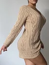 Deep V-Neck Long Sleeve Drawstring Knitting Mini Dress