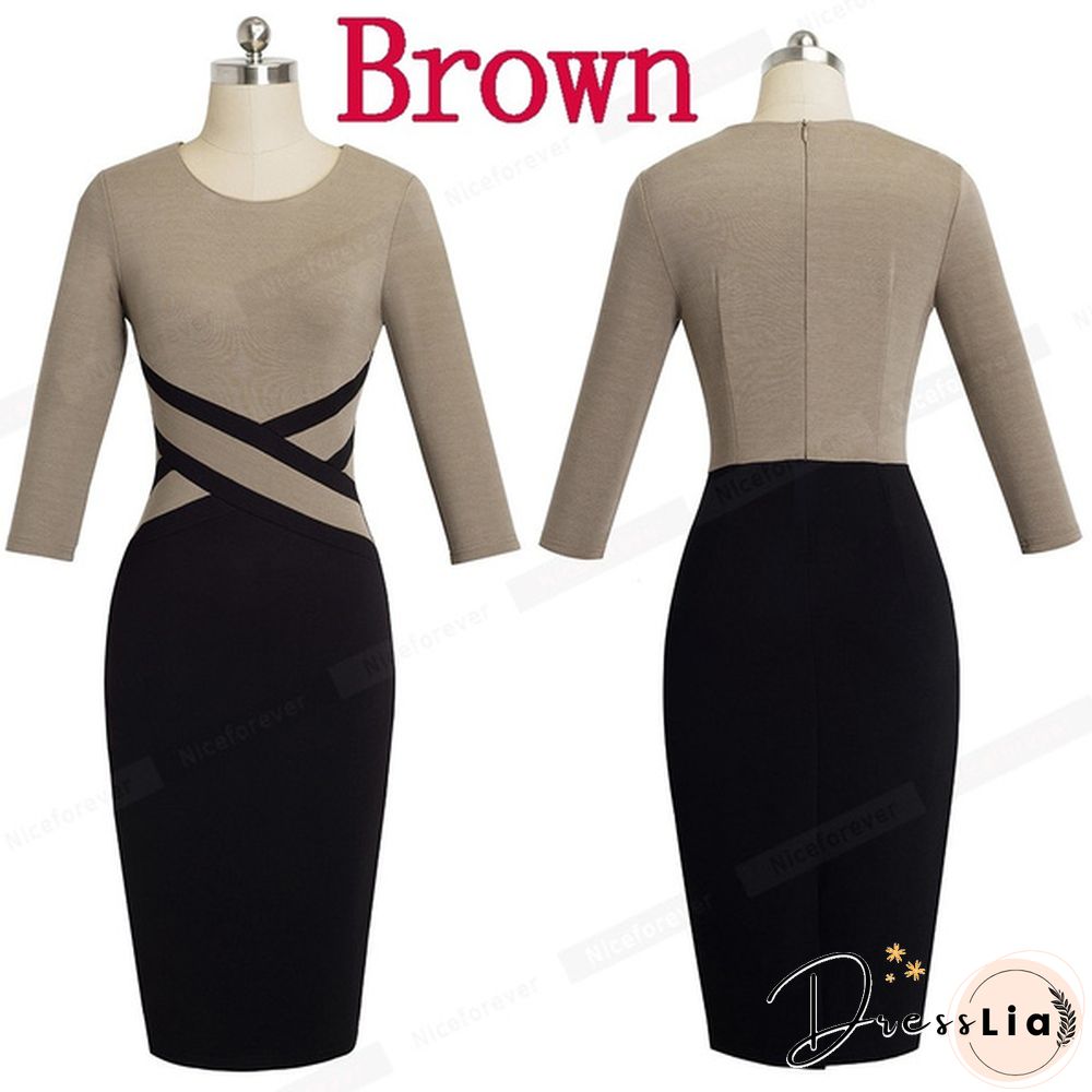 New Ladies Vintage Elegant Contrast Color Patchwork Wear To Work Vestidos Business Party Office Women Bodycon Dress