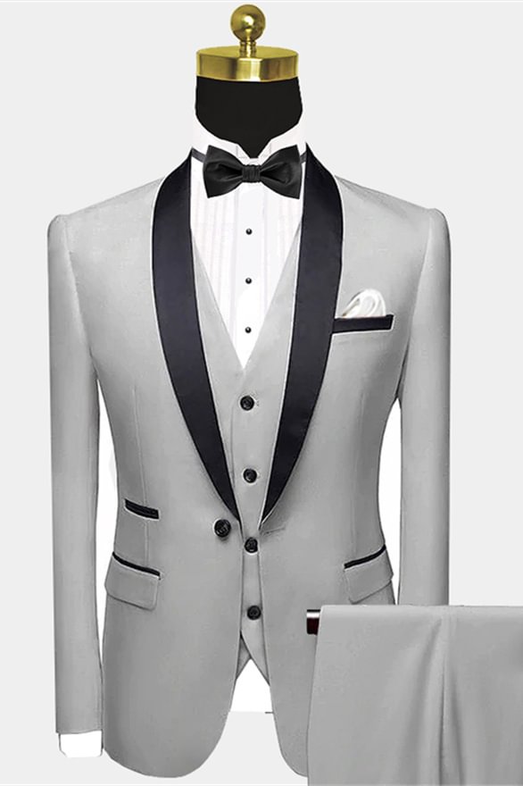 Shawl Lapel Silver Grey Stylish Groomsmen's Wedding Suit With Black Satin Shawl Lapel | Ballbellas Ballbellas