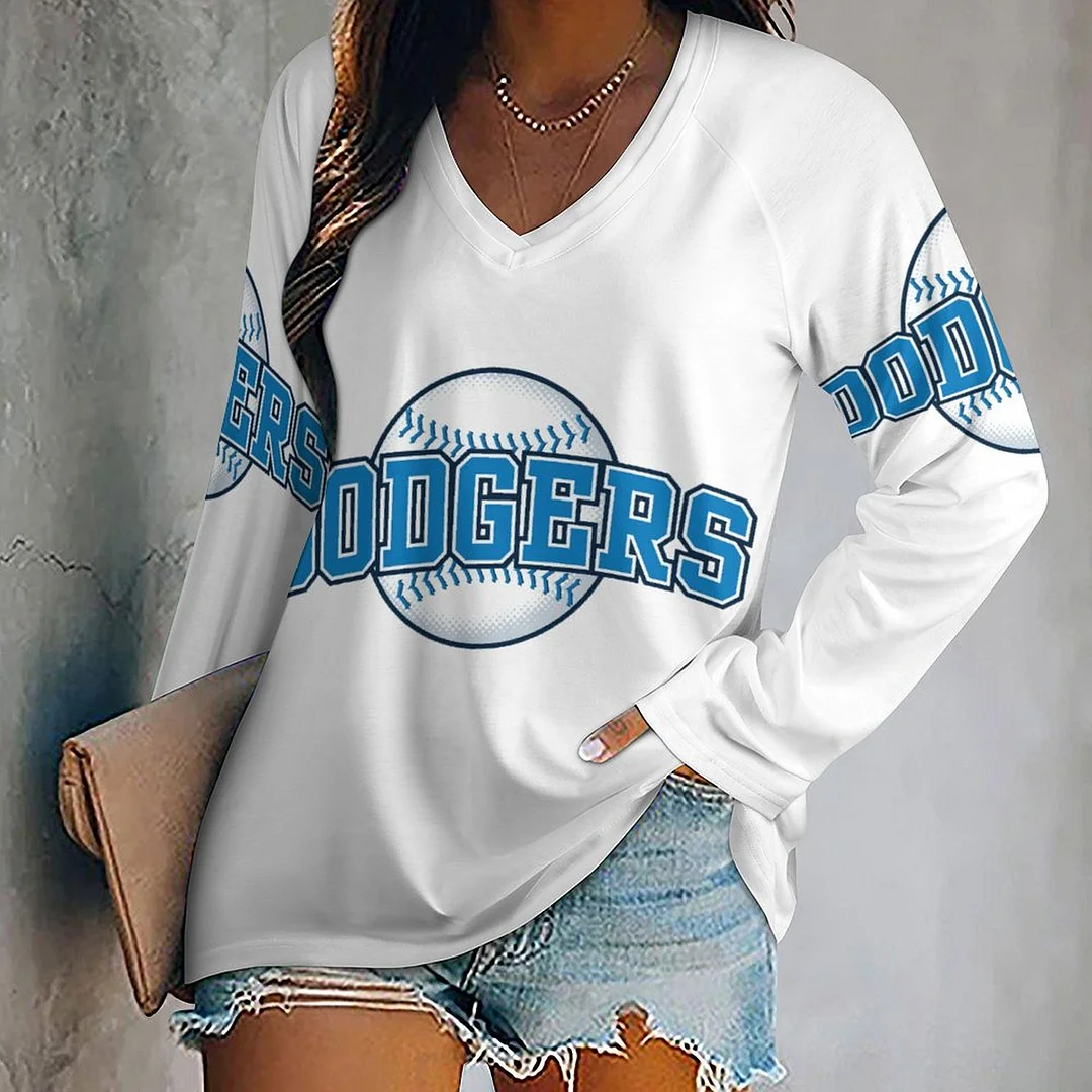V-neck Long Sleeve Casual T-shirt for  Women and Men Printed with Pattern , Blue, Red,