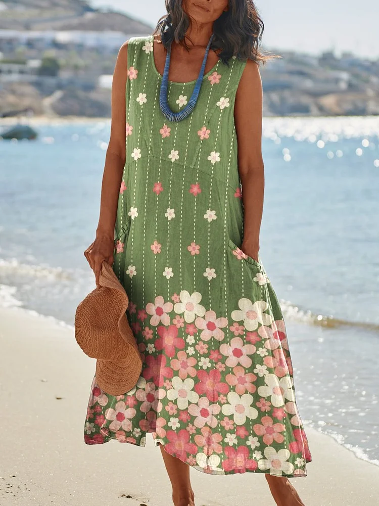 Fresh Pink Floret Print Womens Pocket Pinafore Linen Dress
