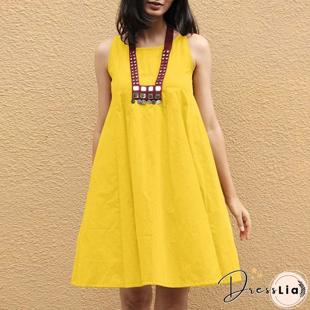 Women Sleeveless Mini Dress Summer Cotton Party Casual Loose Pleated Dress Plus Size Clothes