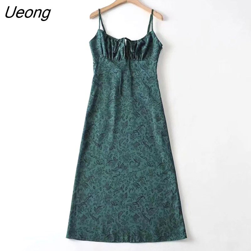 Ueong Women Tie String Front Dark Green Floral Print A-line Midi Dress With Shirred Smocked Detail