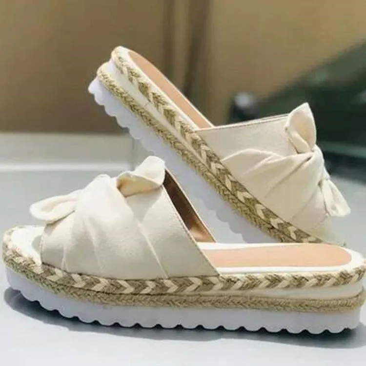 Breakj Breakj New Bow One Word Thick Bottom Slope And Hemp Rope Large Size Women Sandals Quality Assurance