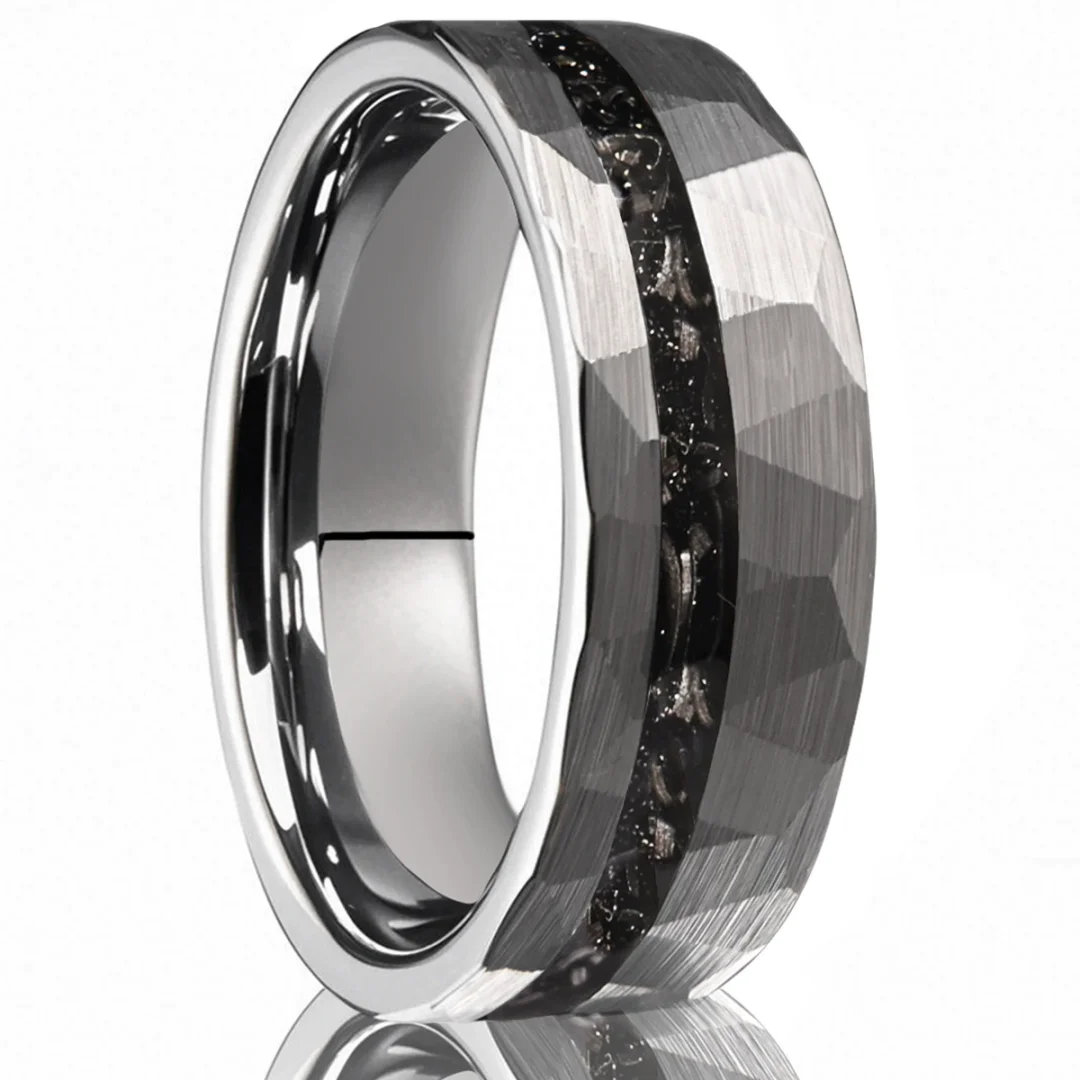 8MM Flat Hammered Tungsten Carbide Rings Sliver Fragments of Meteorite Tungsten Wedding Bands