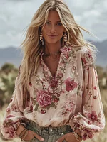 Women's Vintage Rose Art Pattern V-neck Blouse