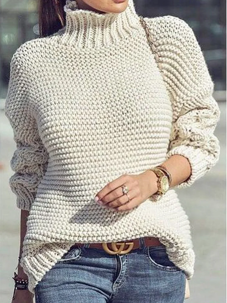 Women Lady Plain Winter Micro-Elasticity Sports & Outdoor Turtle Neck Long Sleeve Yarn/Wool Yarn Mid-Long Sweater