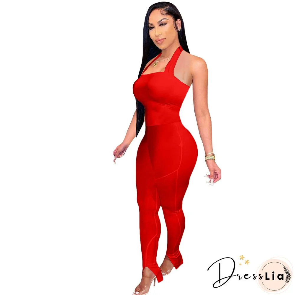Women Solid Color Sportswear Sleeveless Halter Bodycon Jumpsuits
