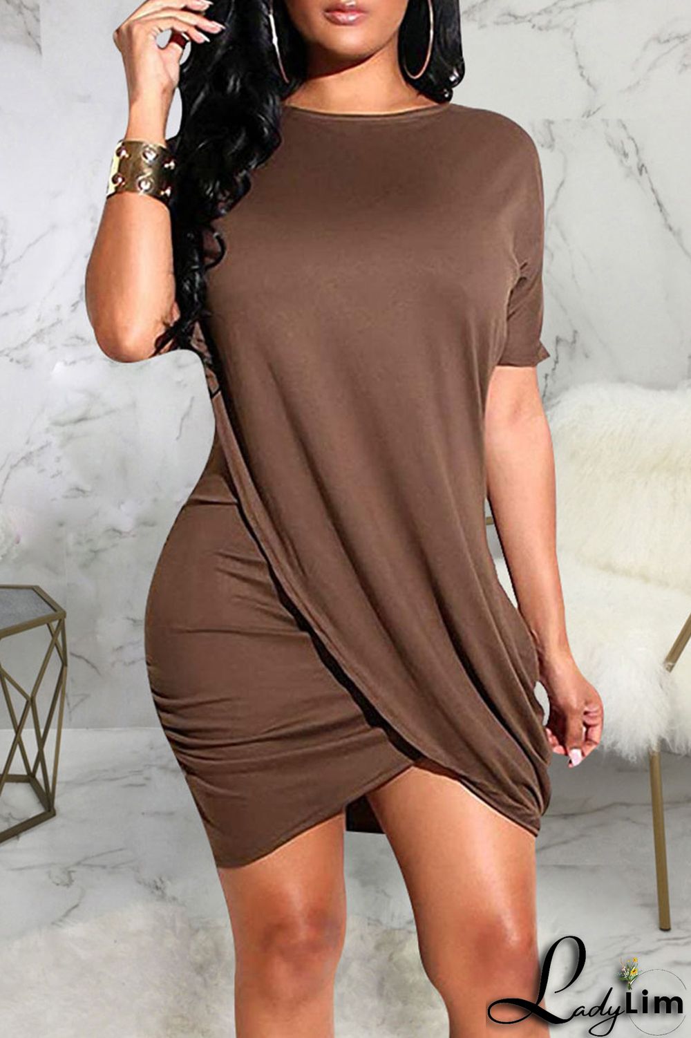 Black Casual Solid Split Joint Asymmetrical O Neck One Step Skirt Dresses