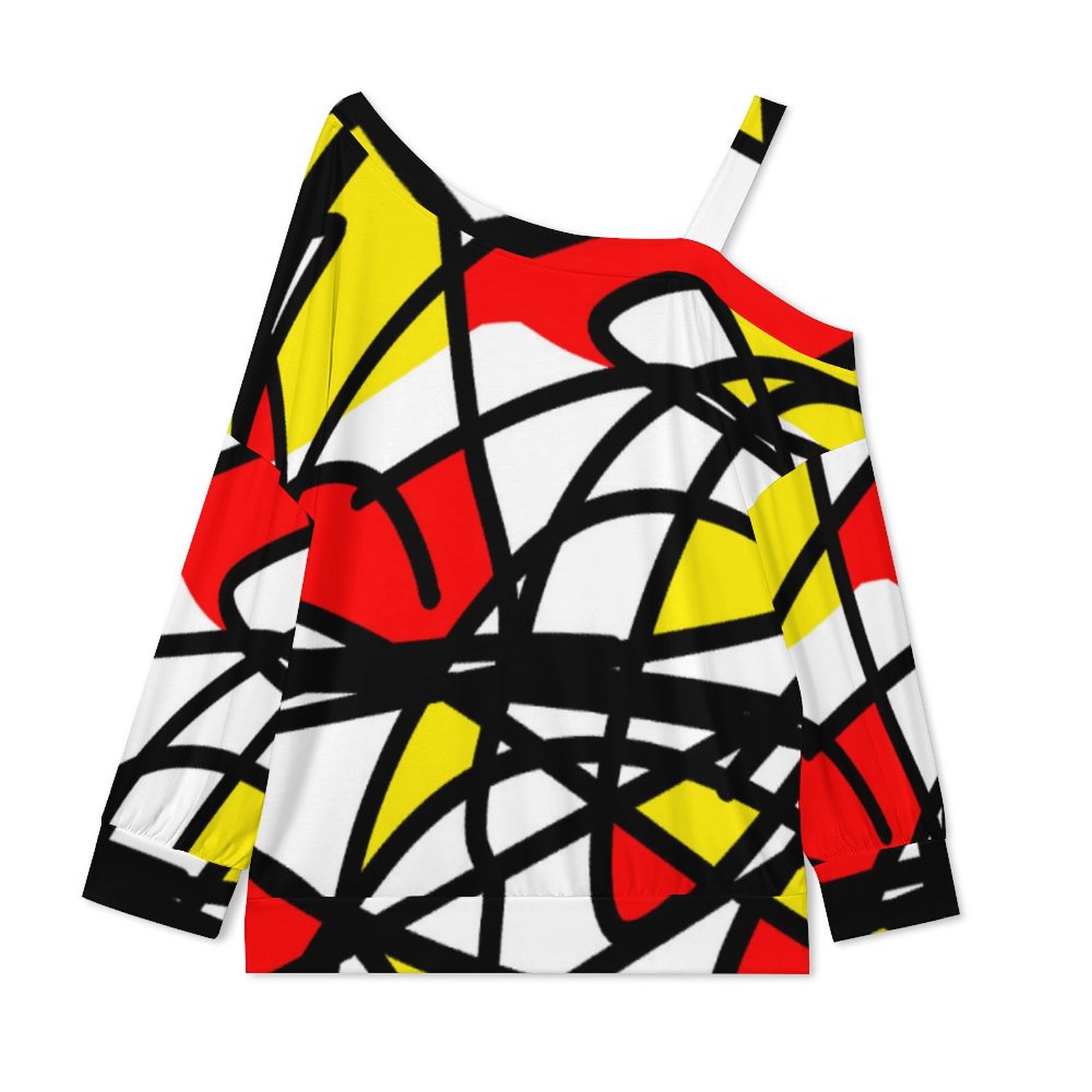 Abstract Art Red Yellow Black White Minimalism One Off Shoulder Shirt Women Casual Asymmetric Round Neck Long Sleeve T-Shirt Coolcoshirts