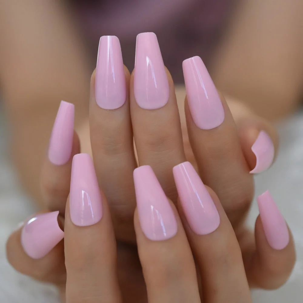 Trapezoid French Nail Nude Pink Color False Nails Black Top Long Tapered Coffin Nail Art Tips Thick Reusable with Adhesive Tabs-Nail Inspo