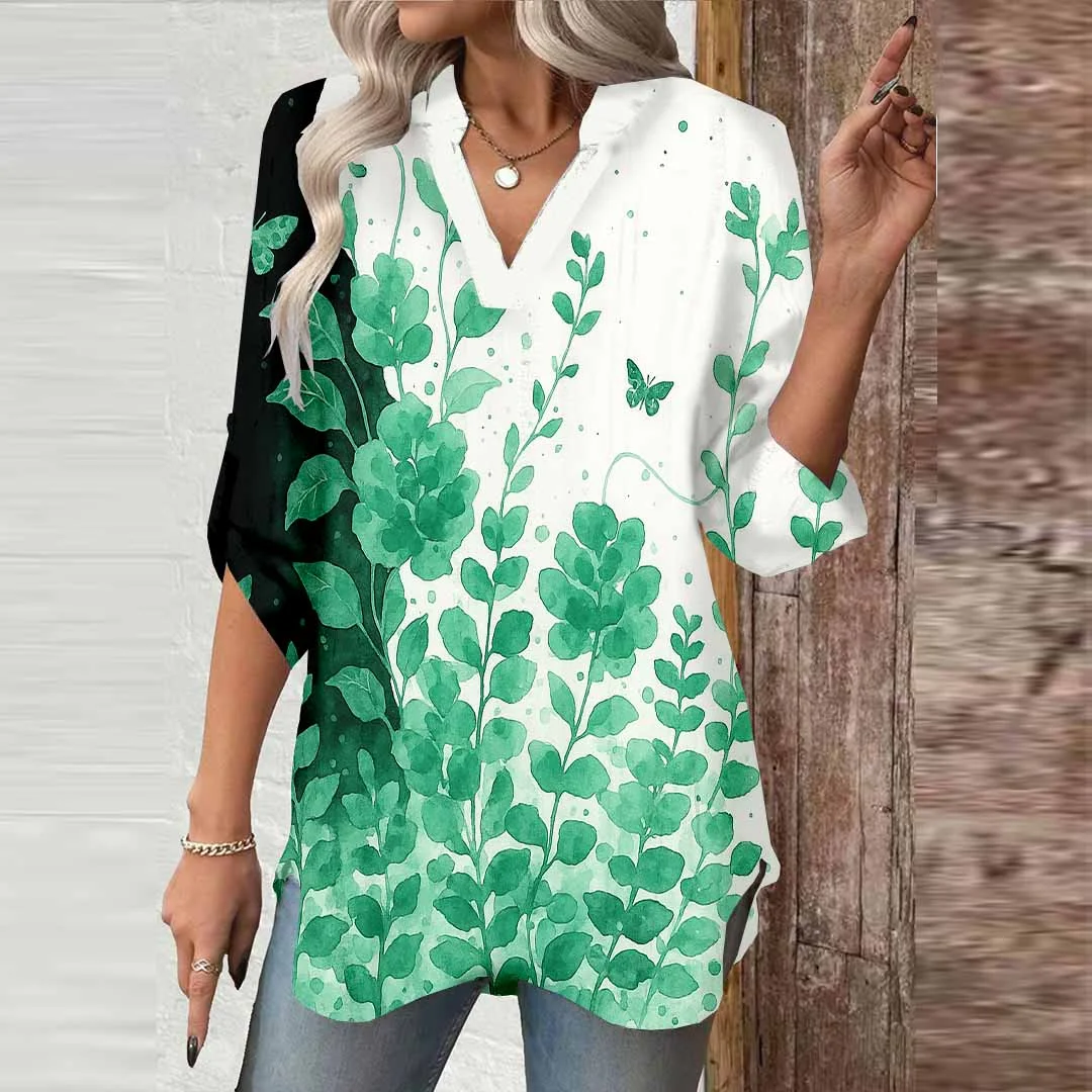 Women Floral,Green,Black DZGA0780 3/4 Sleeve V-neck Printed Graphic Button Tops