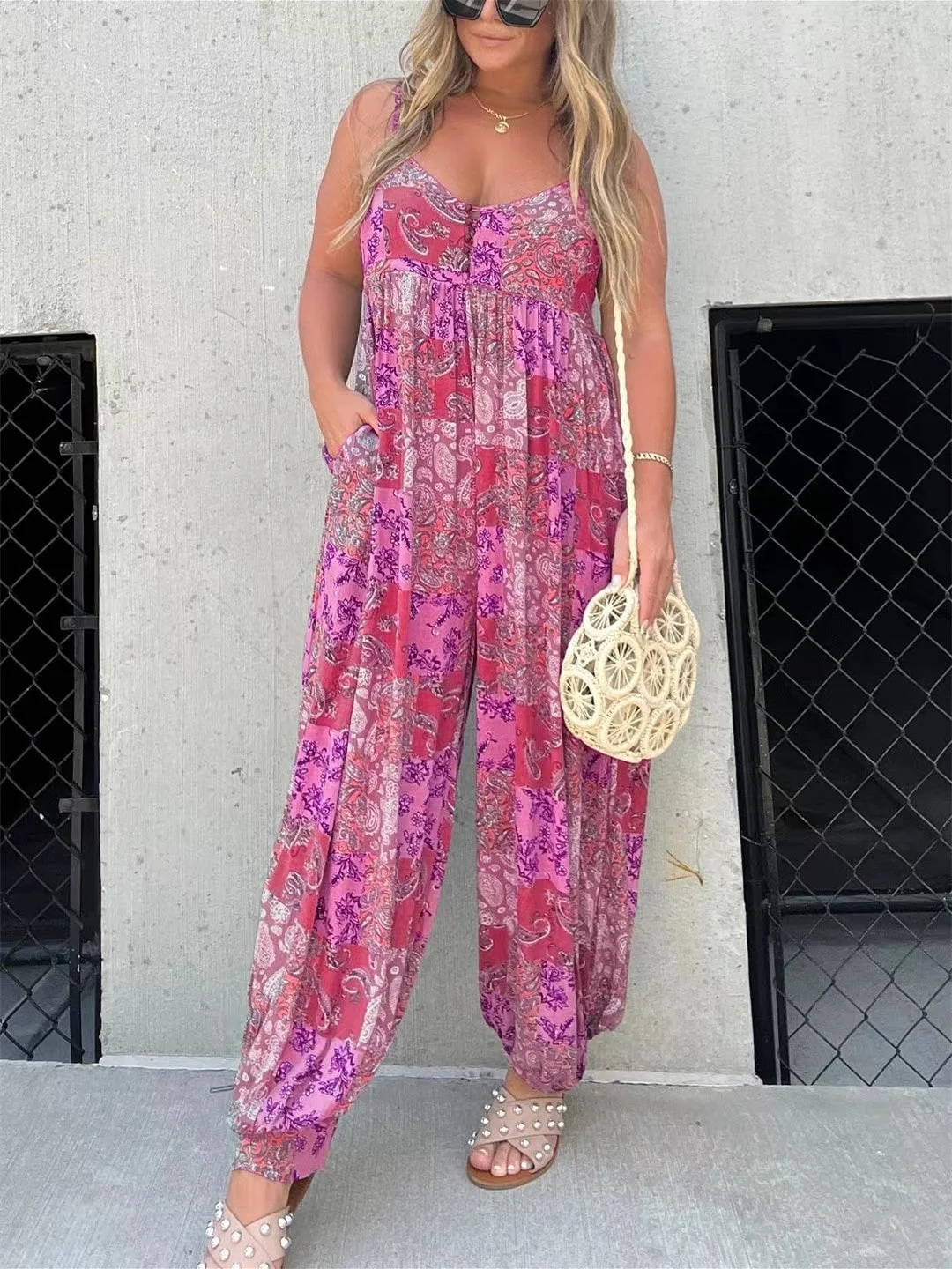 Style & Comfort for Mature Women Women Sleeveless V-neck Floral Printed Graphic Jumpsuit