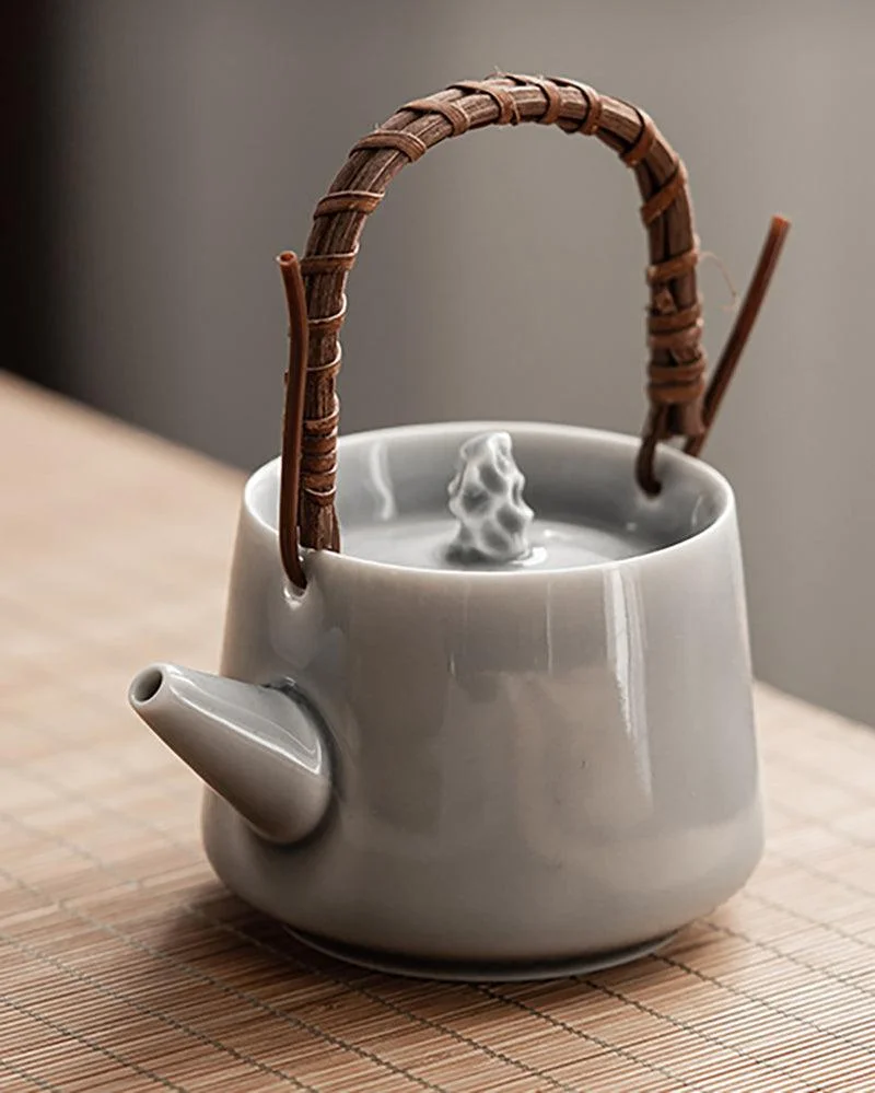 Handmade Ice Grey Glaze Porcelain Loop Handle Teapot