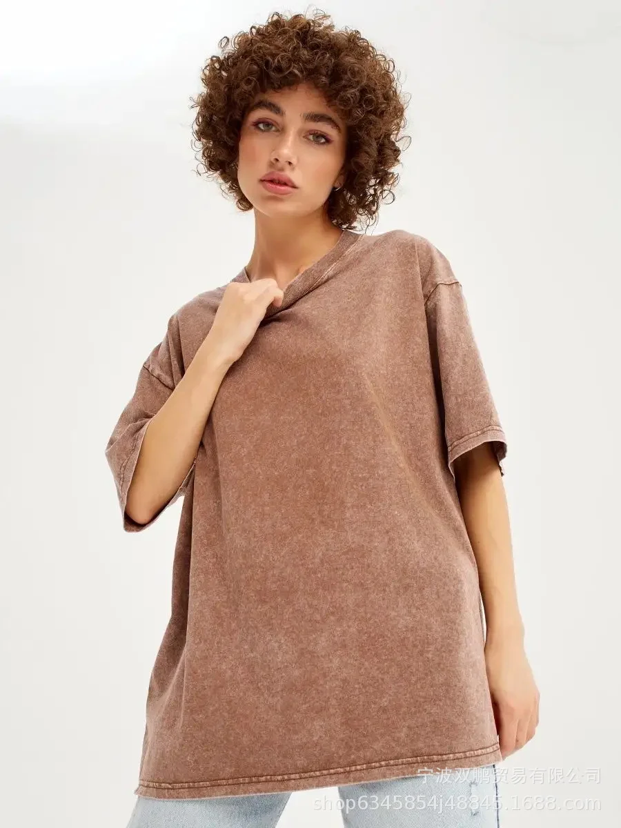 Athvotar Athvotar Spring And Summer New Solid Color T-Shirt Women's Water Wash To Make Old Batik Coat Hot Cotton Short Sleeves