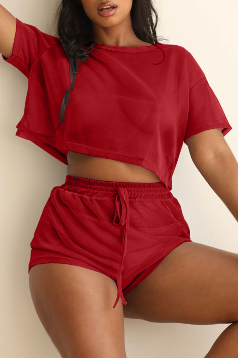 Red Casual Solid Patchwork O Neck Short Sleeve Two Pieces | EGEMISS