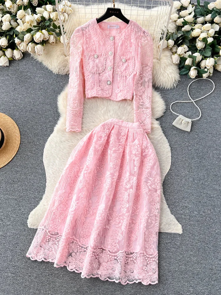 Huiketi Korean Small Fragrance Style Lace Set Two Piece Suit Lace Hook Flower Short Sleeve Shirt Tops Midi Skirt Women's Outfits