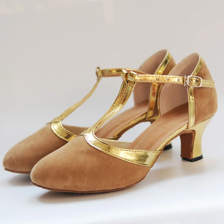 Indoor Women's T-Strap Buckle Splicing Suede Cuban Heel  Ballroom Dance Shoes   Stunahome.com