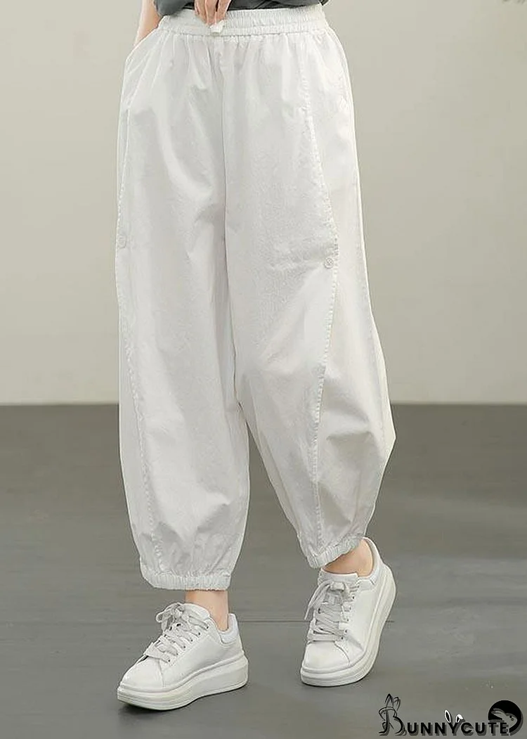 Plus Size White Elastic Waist Cargo Cotton Pants Summer