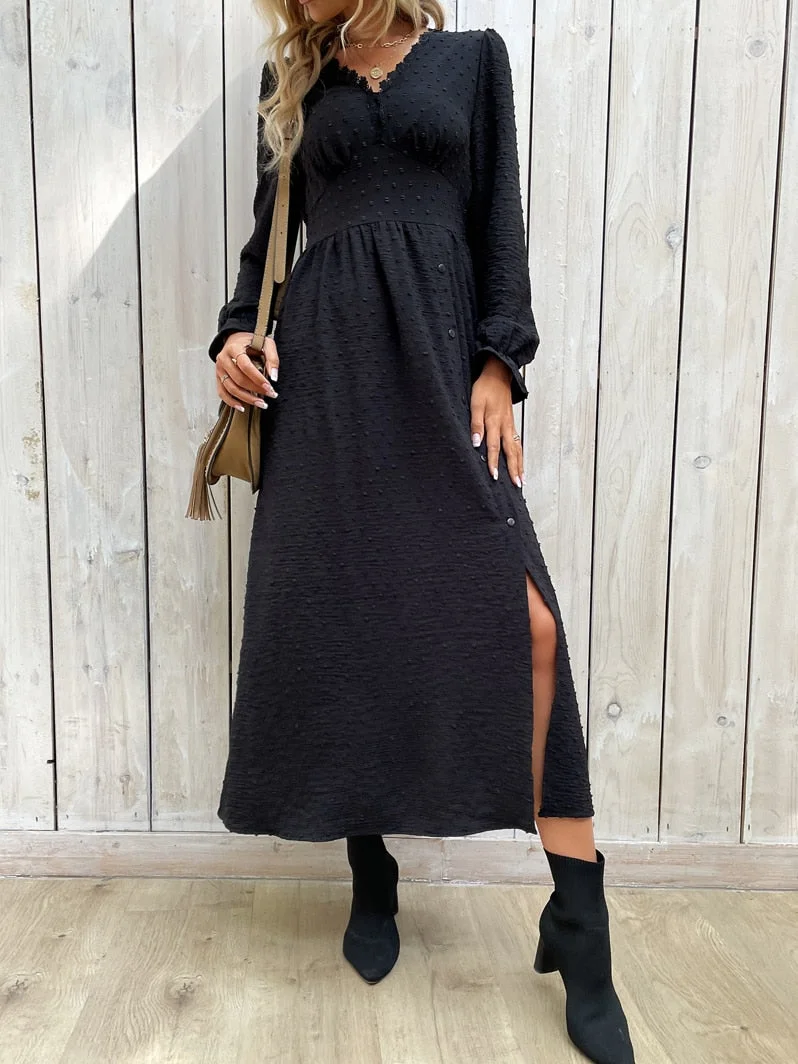 Sonicelife Early Autumn New Women Boho Maxi Dress 2023 Long Sleeve V Neck High Waisted A-Line Ruffle Split Hem Draped Front Fall Long Dress