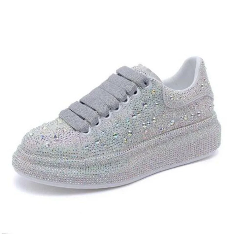 NEW Brand Women Fashion Casual Glitter Sparkling Sneakers Women Encrusted Lace Up Shoes White Sole Fashion Street Sneakers Shiny