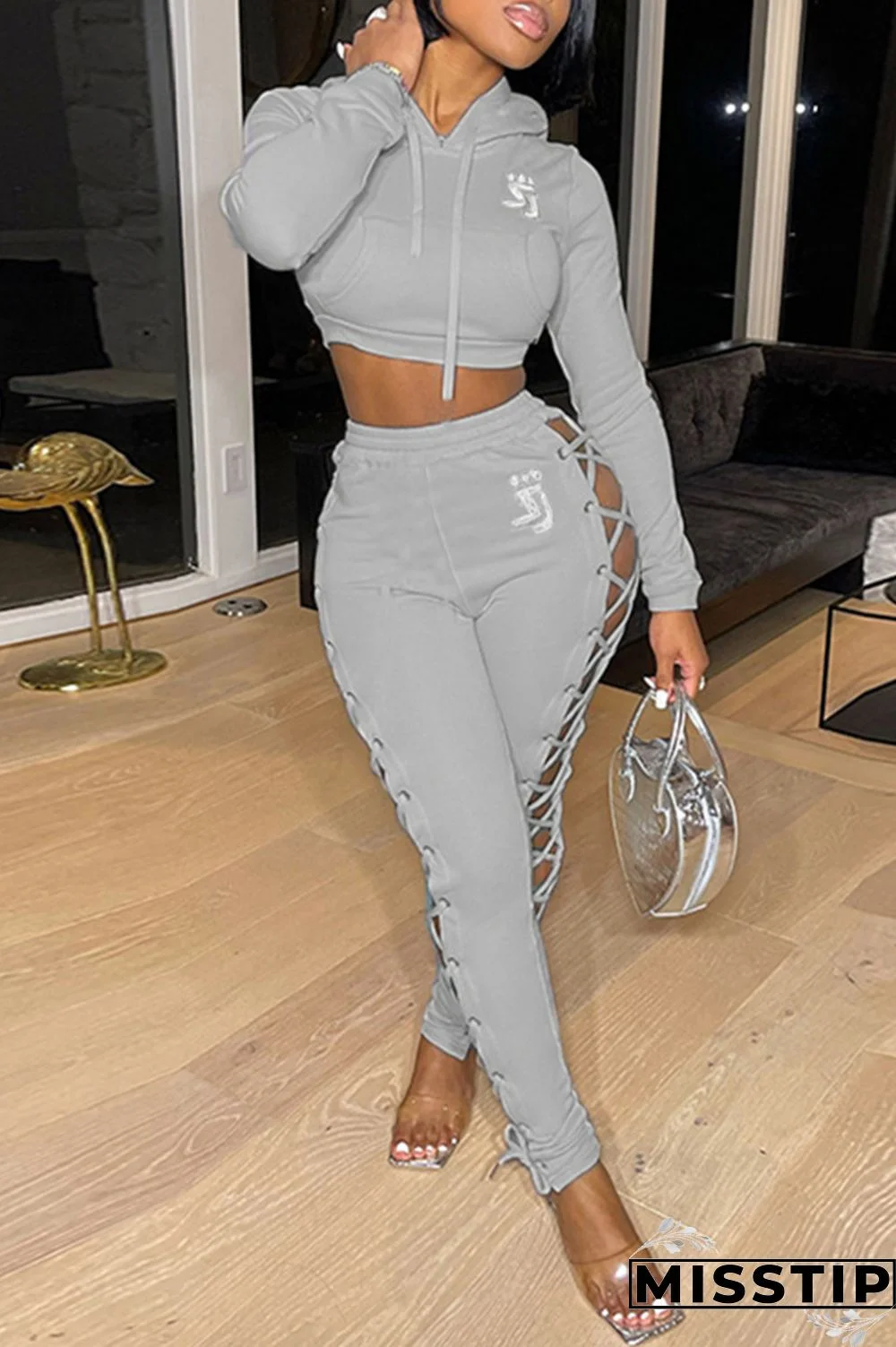Grey Fashion Casual Print Bandage Hollowed Out Hooded Collar Long Sleeve Two Pieces
