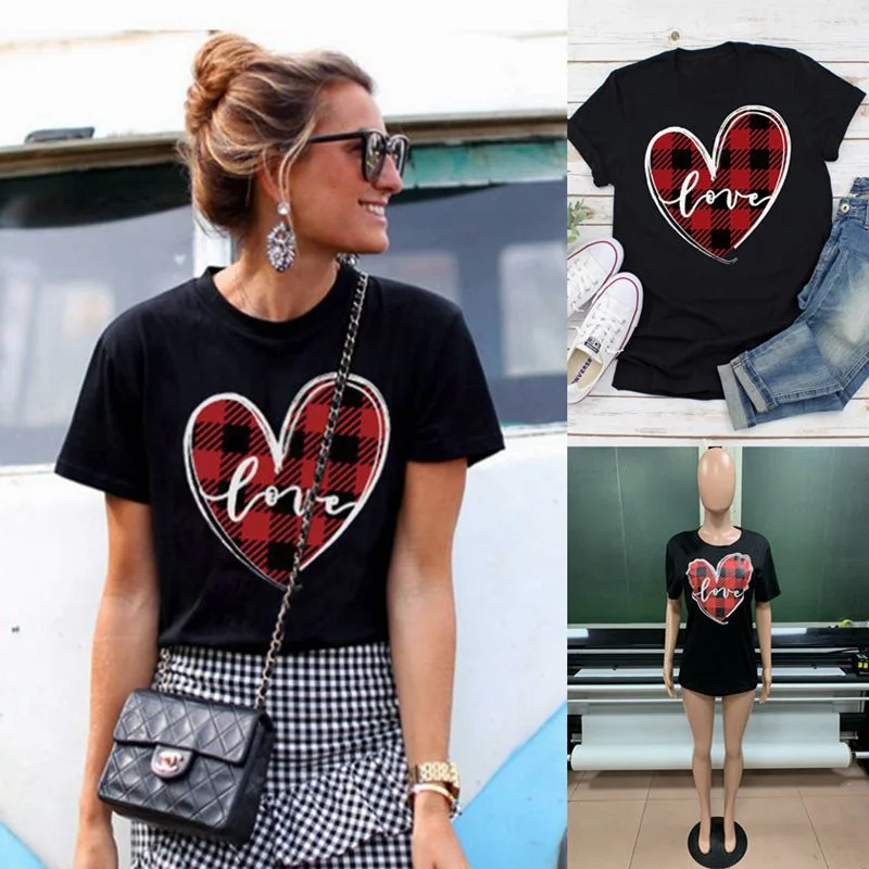 Round Neck Plaid Heart Love Printed Short Sleeves T-shirt
