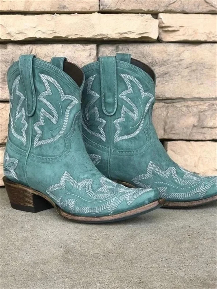 VChics Vintage Embroidered Western Cowgirl Ankle Boots