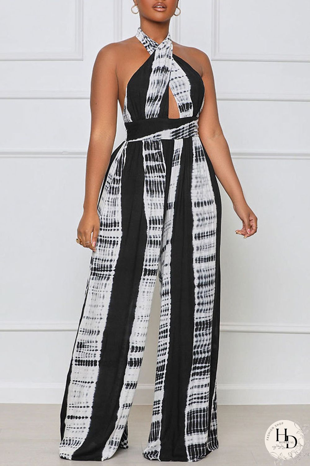 Red Casual Print Split Joint Backless Halter Straight Jumpsuits