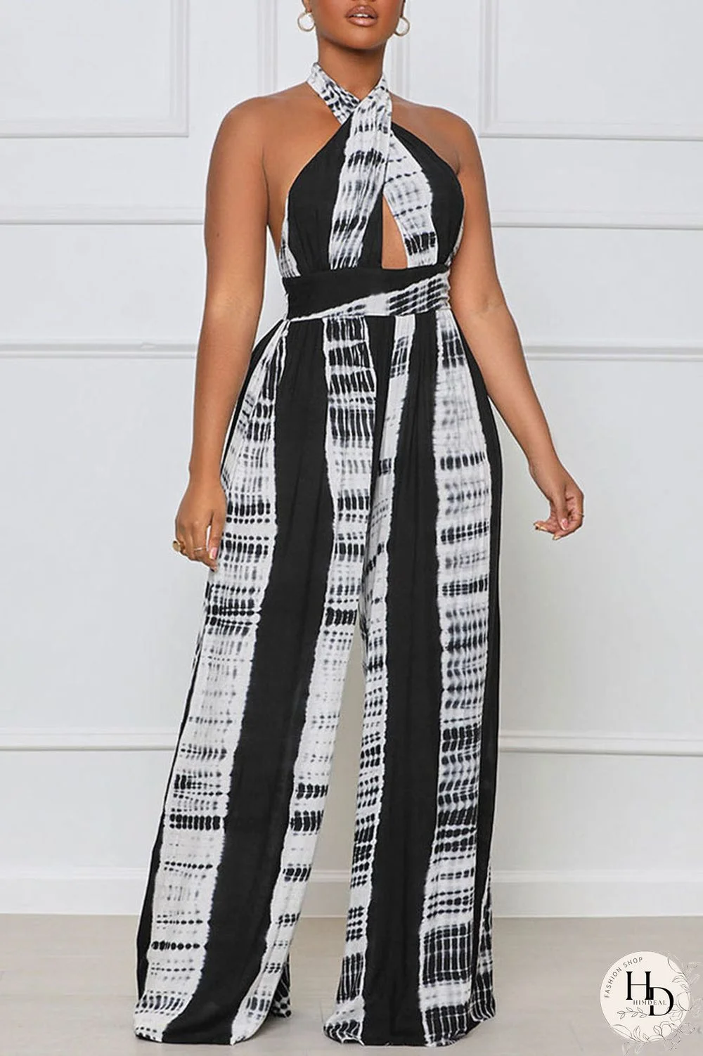 Red Casual Print Split Joint Backless Halter Straight Jumpsuits