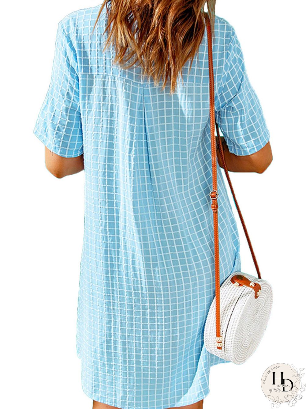 Women's Casual Shirt Short Skirt Lapel Plaid Loose Short Sleeve Dress White Dress