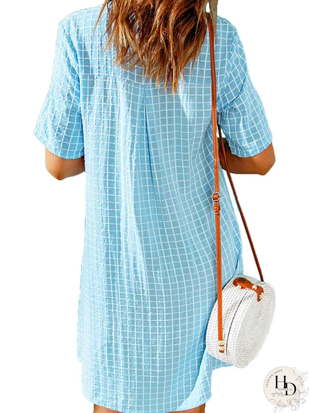 Women's Casual Shirt Short Skirt Lapel Plaid Loose Short Sleeve Dress White Dress