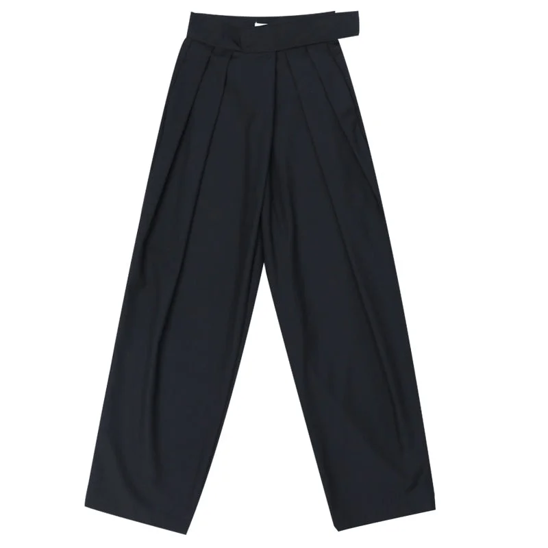 [EAM] High Waist Black Brief Pleated Long Wide Leg Trousers New Loose Fit Pants Women Fashion Tide Spring Autumn 2021 1S399