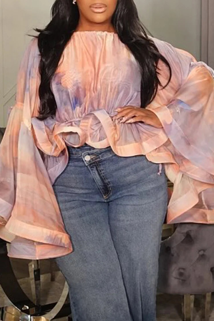 Plus Size Daily Pink Tie Dye Round Neck Flare Long Sleeve Ruffle Blouses [Pre-Order] 2024 - Xpluswear