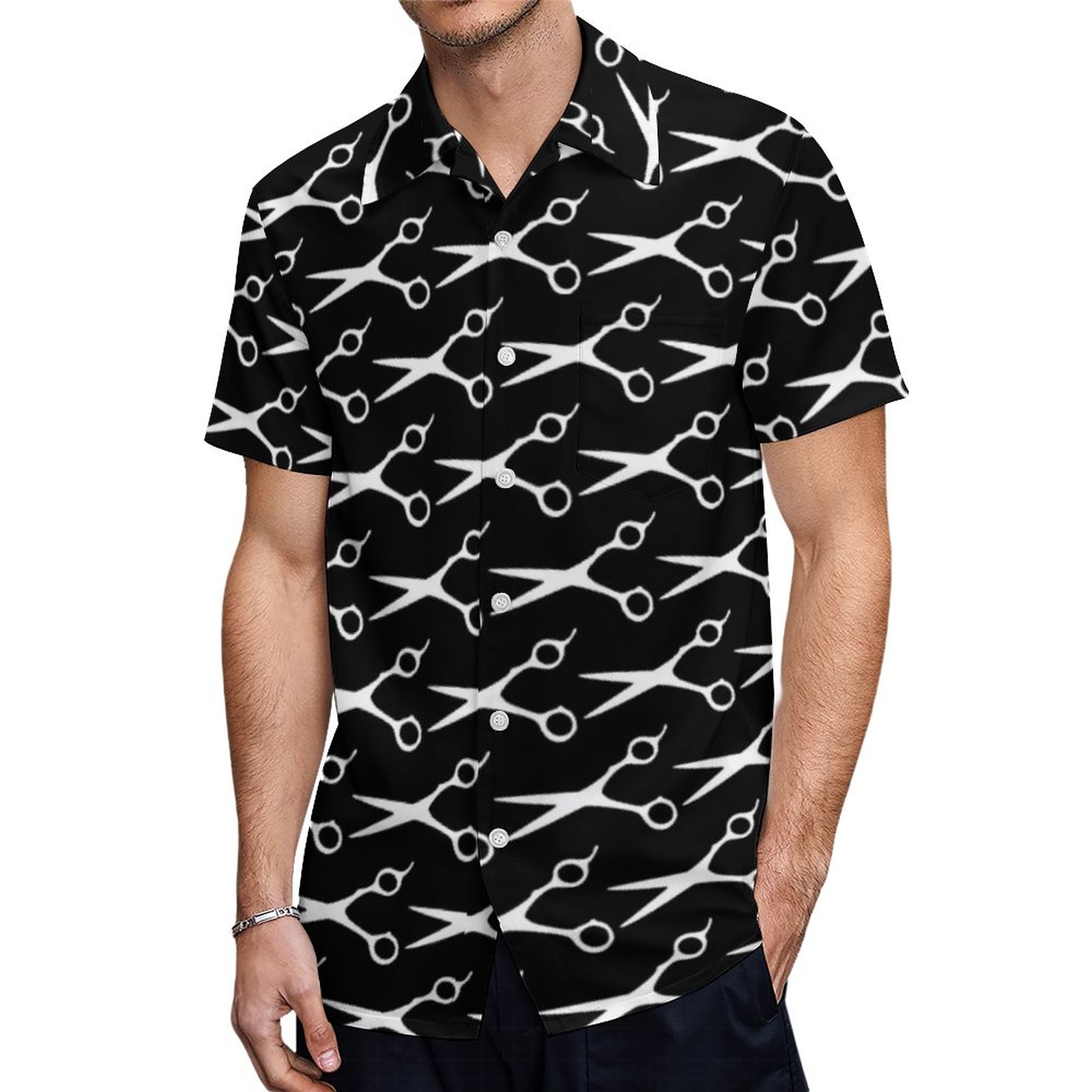 Hairdresser Scissors Pattern Black High Waist Hawaiian Shirt Mens Button Down Tropical Hawaii Beach Shirts