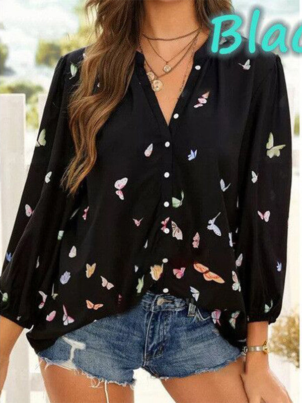 Women Long Sleeve V-neck Graphic Floral Printed Top