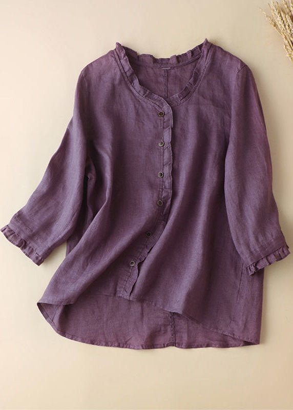 Organic Purple Ruffled Button Tops Half Sleeve CK2843- Fabulory
