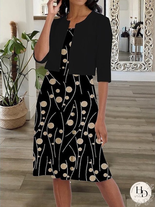 Dress Set Two Piece Dress Church Dress Midi Dress Black Half Sleeve Polka Dot Ruched Summer Spring Crew Neck Casual S M L XL XXL 3XL for Women
