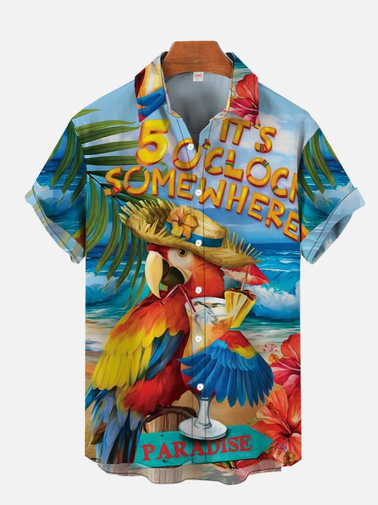 Paradise Garden Funny Parrot And Cocktails Printing Hawaiian Men's Short Sleeve Shirt