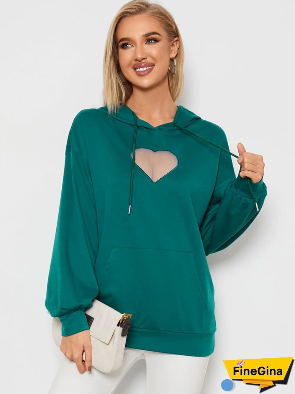 Heart Mesh Kangaroo Pocket Drawstring Loose Hoodie