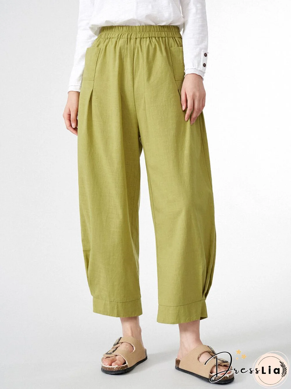 Women Solid Dual Pocket Elastic Waist Wide Leg Pants