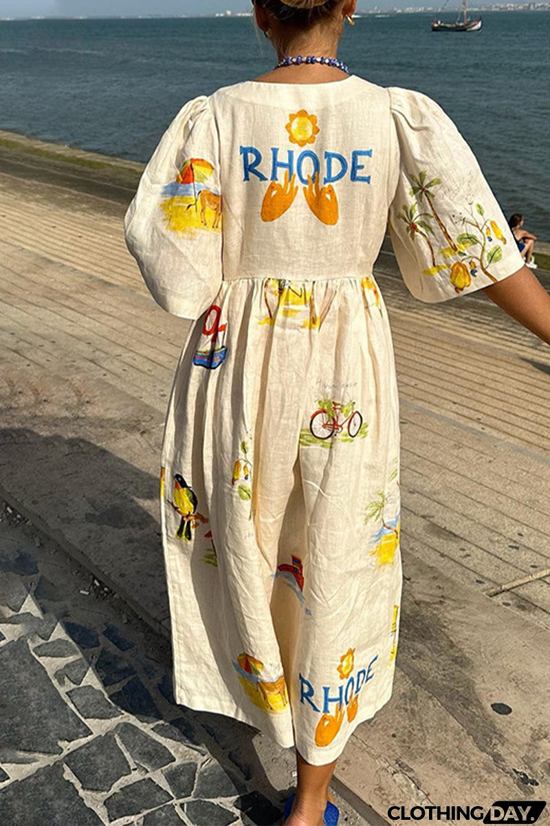 Casual Character Print Buttons V Neck A Line Dresses