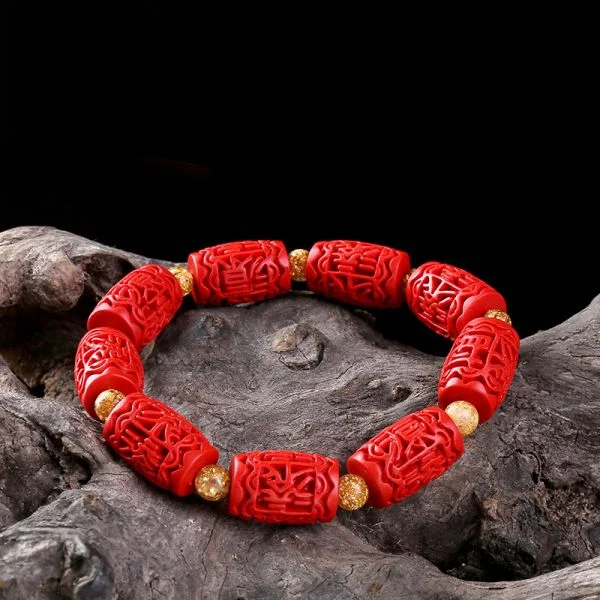 Red Cinnabar Chinese Carving Beads Elastic Bracelet
