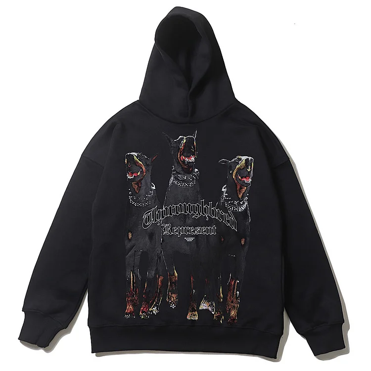 Hip Hop Vintage Doberman Print Plus Fleece Hooded Sweater Hoodie-VESSFUL